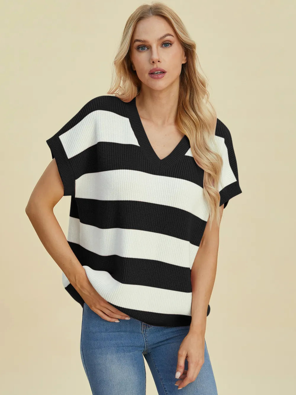 Double Take Full Size Striped V-Neck Short Sleeve Sweater - Velora Luxury Fashion