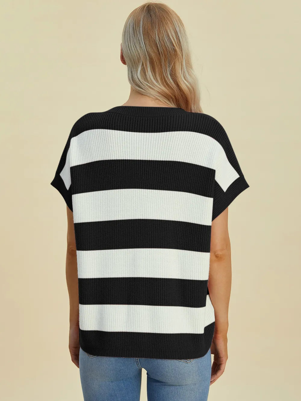 Double Take Full Size Striped V-Neck Short Sleeve Sweater - Velora Luxury Fashion