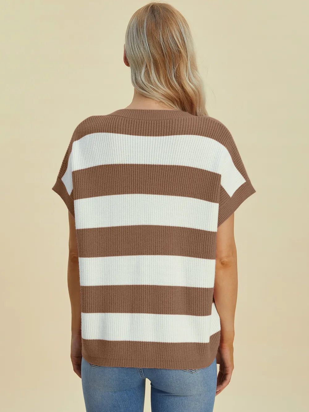 Double Take Full Size Striped V-Neck Short Sleeve Sweater - Velora Luxury Fashion