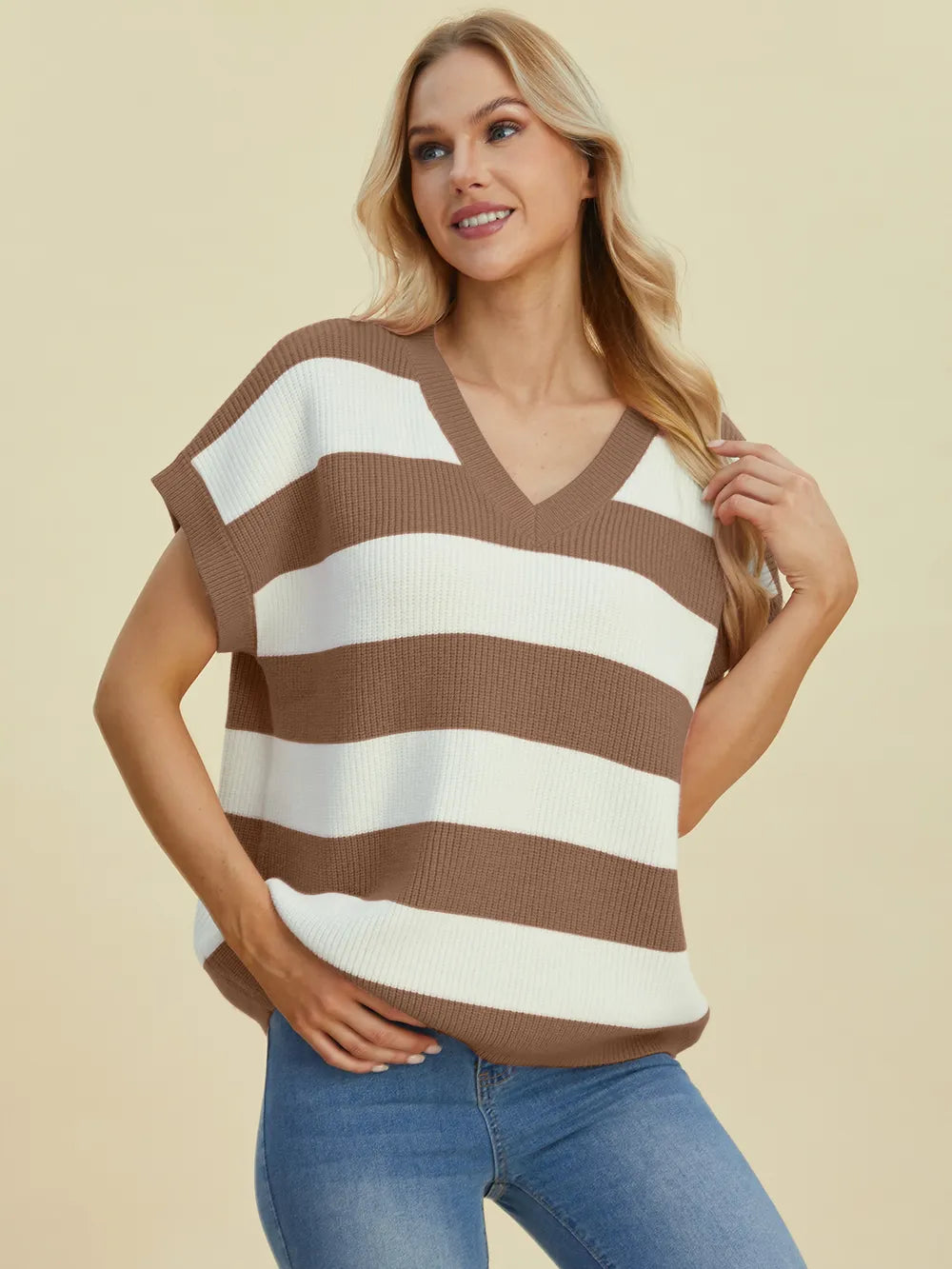Double Take Full Size Striped V-Neck Short Sleeve Sweater - Velora Luxury Fashion