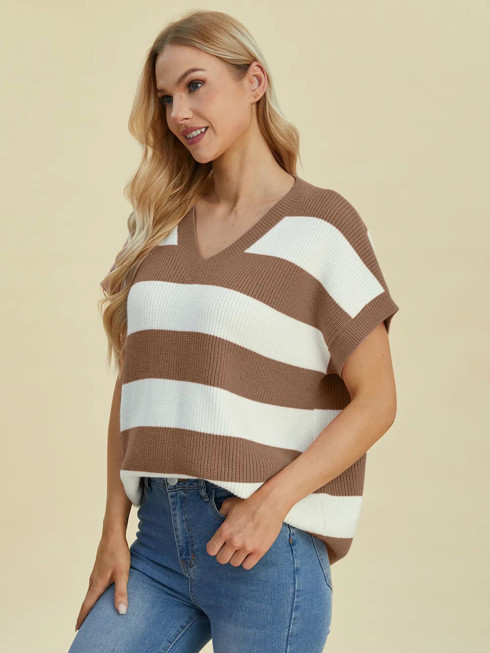 Double Take Full Size Striped V-Neck Short Sleeve Sweater - Velora Luxury Fashion