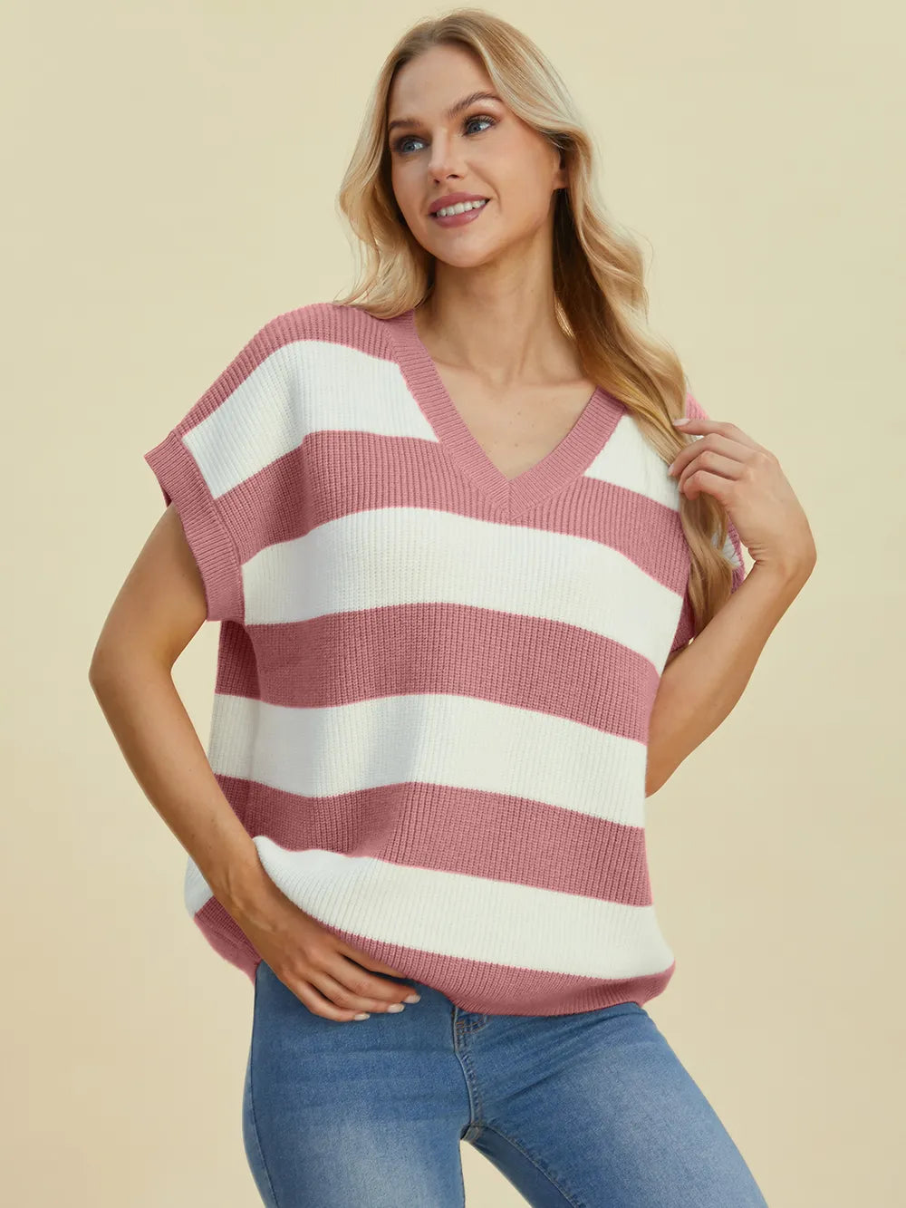 Double Take Full Size Striped V-Neck Short Sleeve Sweater - Velora Luxury Fashion