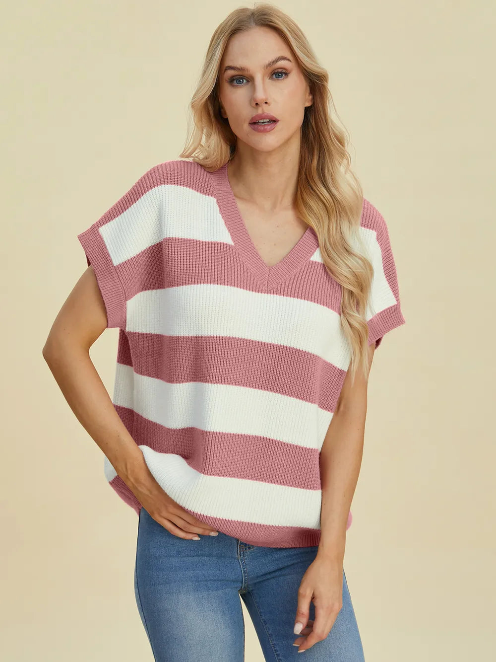 Double Take Full Size Striped V-Neck Short Sleeve Sweater - Velora Luxury Fashion