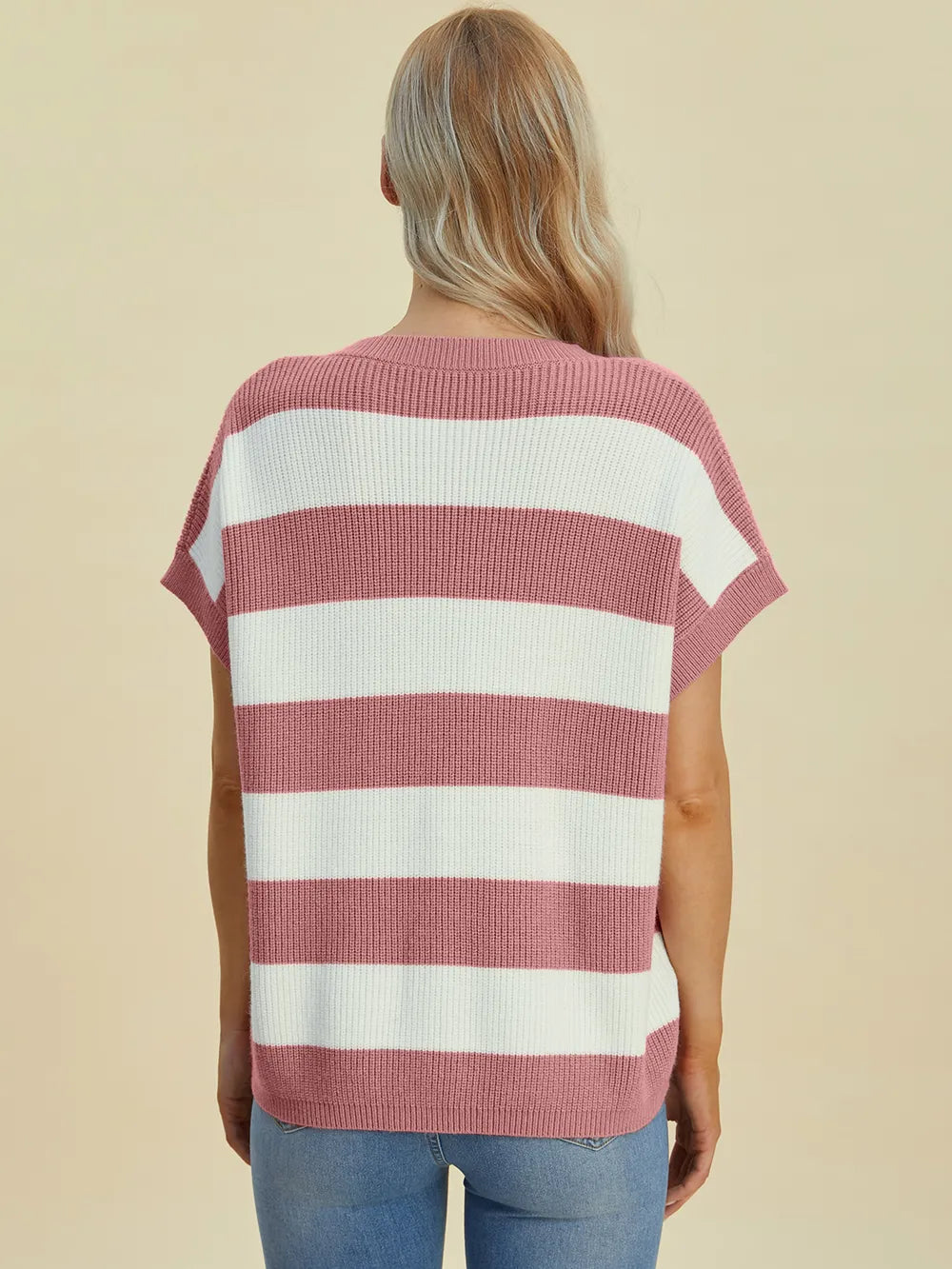 Double Take Full Size Striped V-Neck Short Sleeve Sweater - Velora Luxury Fashion