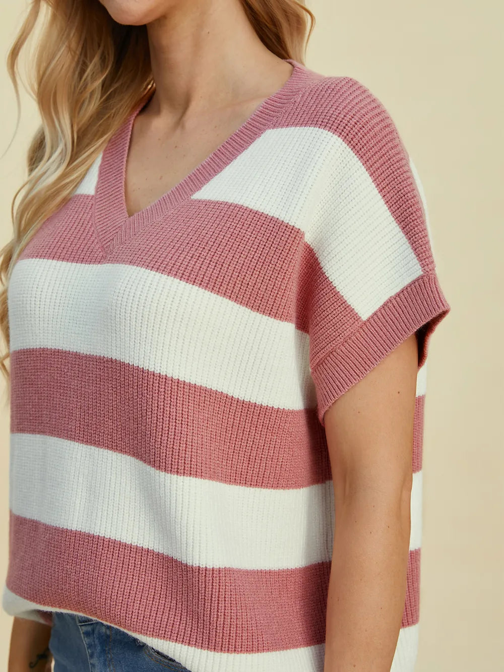 Double Take Full Size Striped V-Neck Short Sleeve Sweater - Velora Luxury Fashion