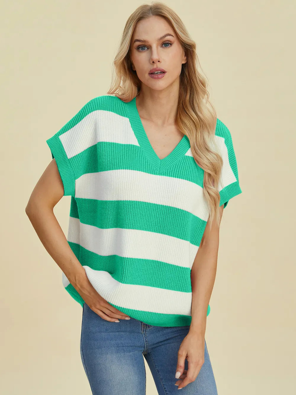 Double Take Full Size Striped V-Neck Short Sleeve Sweater - Velora Luxury Fashion