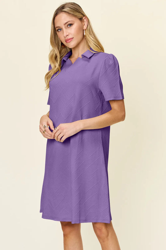 Double Take Full Size Texture Collared Neck Short Sleeve Dress - Velora Luxury Fashion
