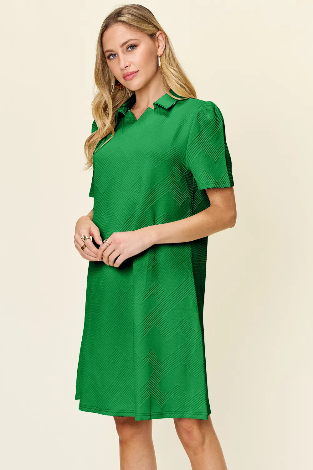 Double Take Full Size Texture Collared Neck Short Sleeve Dress - Velora Luxury Fashion