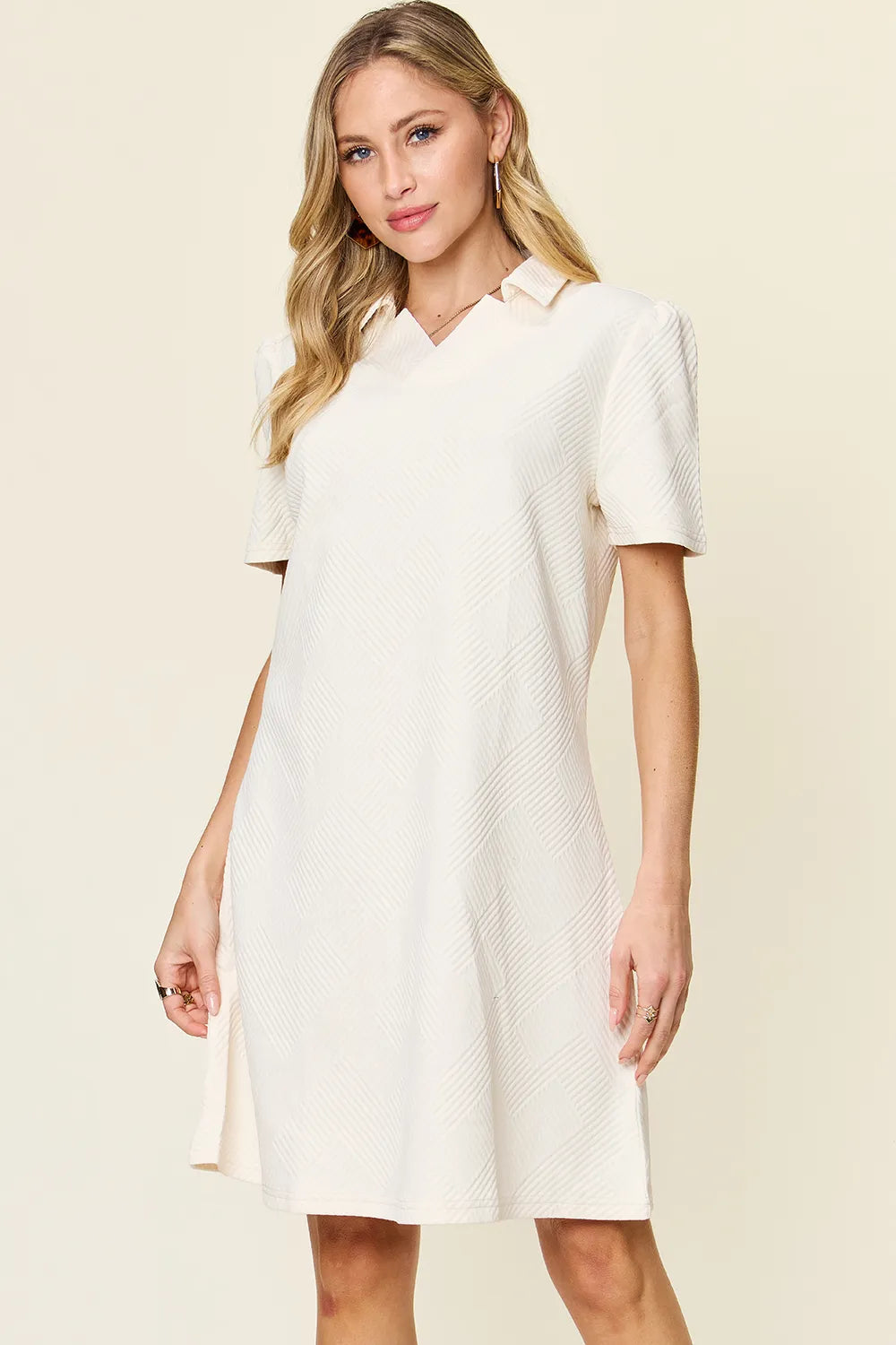 Double Take Full Size Texture Collared Neck Short Sleeve Dress - Velora Luxury Fashion