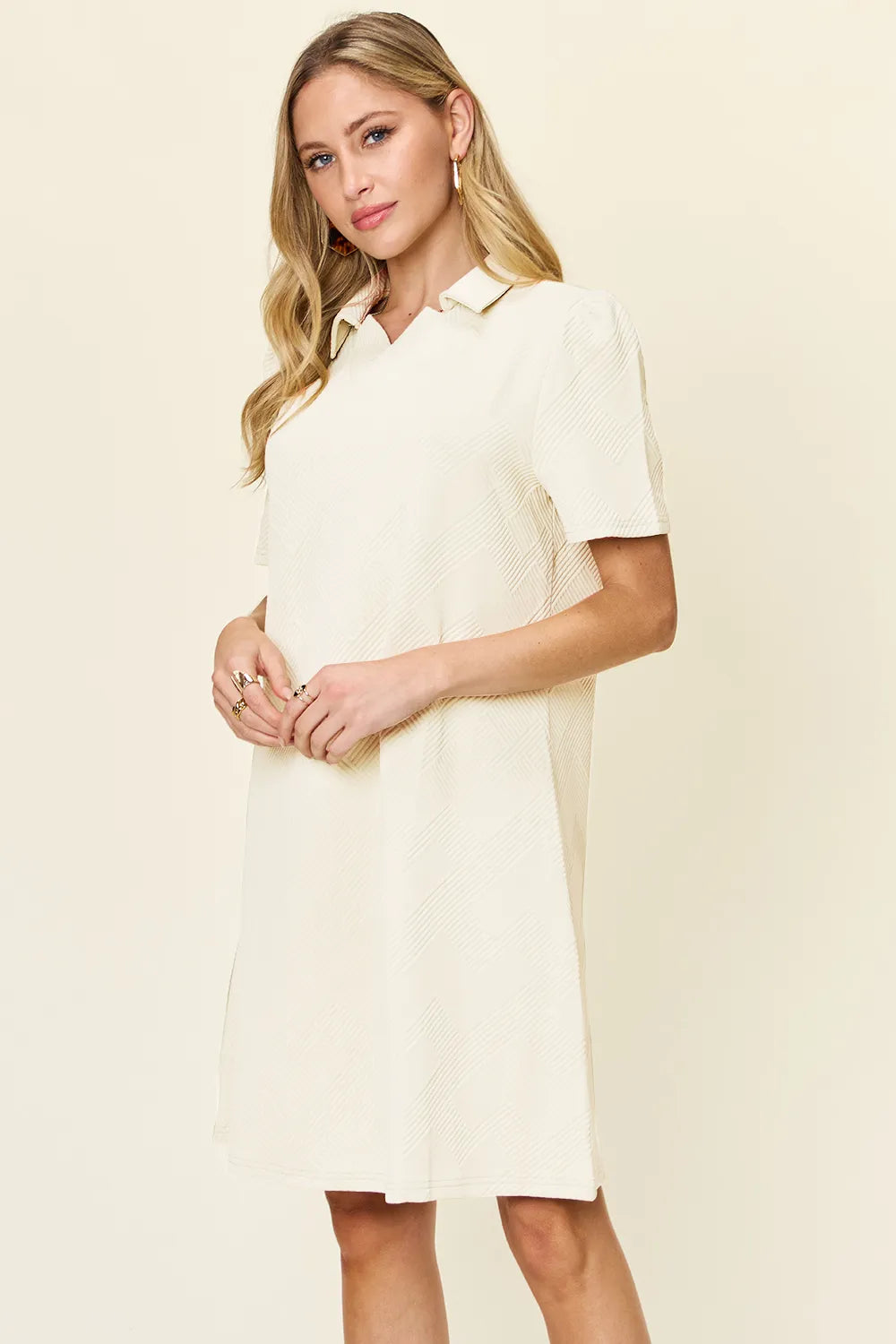 Double Take Full Size Texture Collared Neck Short Sleeve Dress - Velora Luxury Fashion