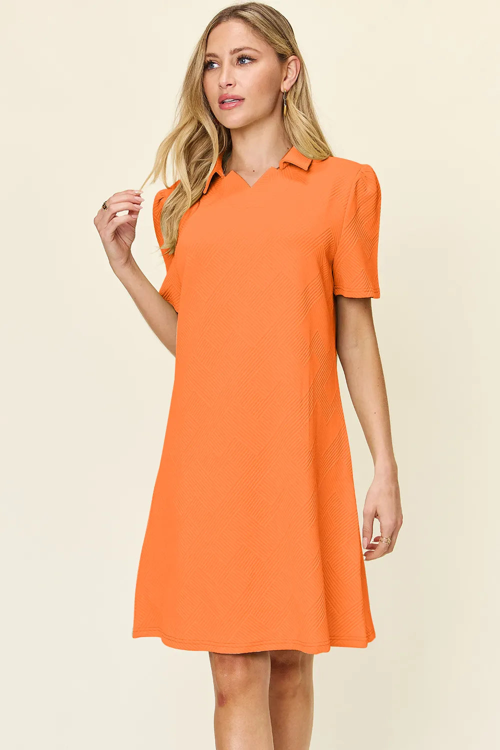 Double Take Full Size Texture Collared Neck Short Sleeve Dress - Velora Luxury Fashion