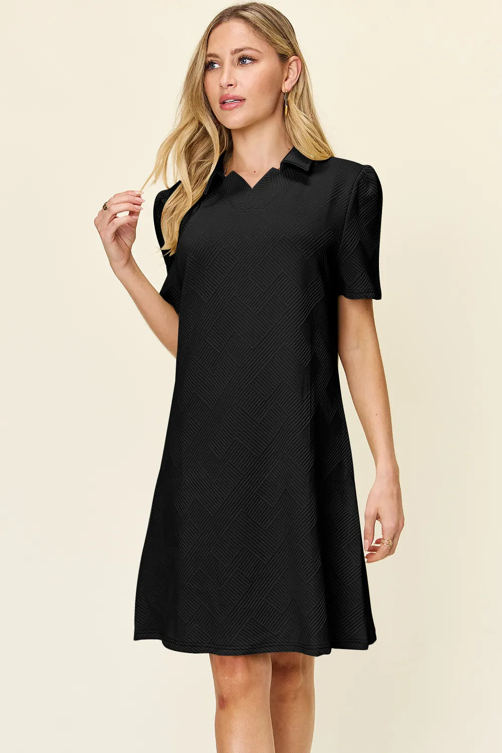 Double Take Full Size Texture Collared Neck Short Sleeve Dress - Velora Luxury Fashion