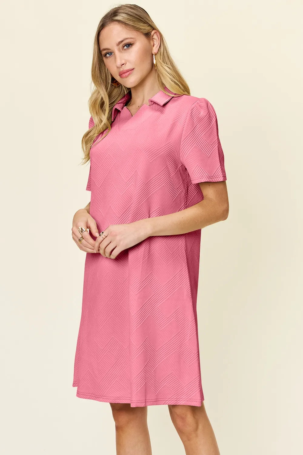 Double Take Full Size Texture Collared Neck Short Sleeve Dress - Velora Luxury Fashion