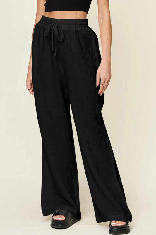 Double Take Full Size Texture Drawstring Wide Leg Pants - Velora Luxury Fashion