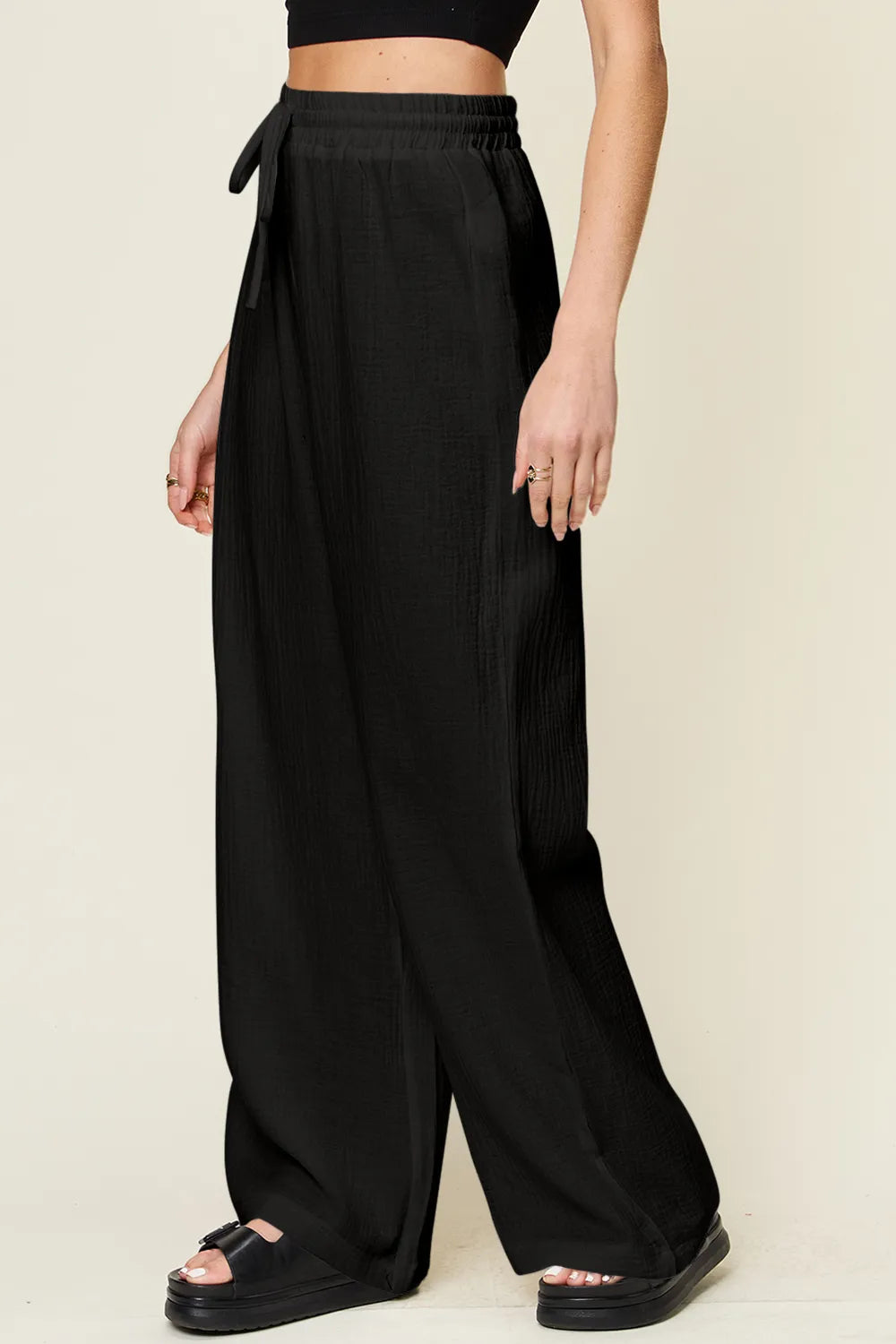 Double Take Full Size Texture Drawstring Wide Leg Pants - Velora Luxury Fashion