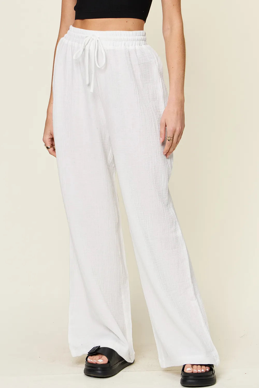Double Take Full Size Texture Drawstring Wide Leg Pants - Velora Luxury Fashion