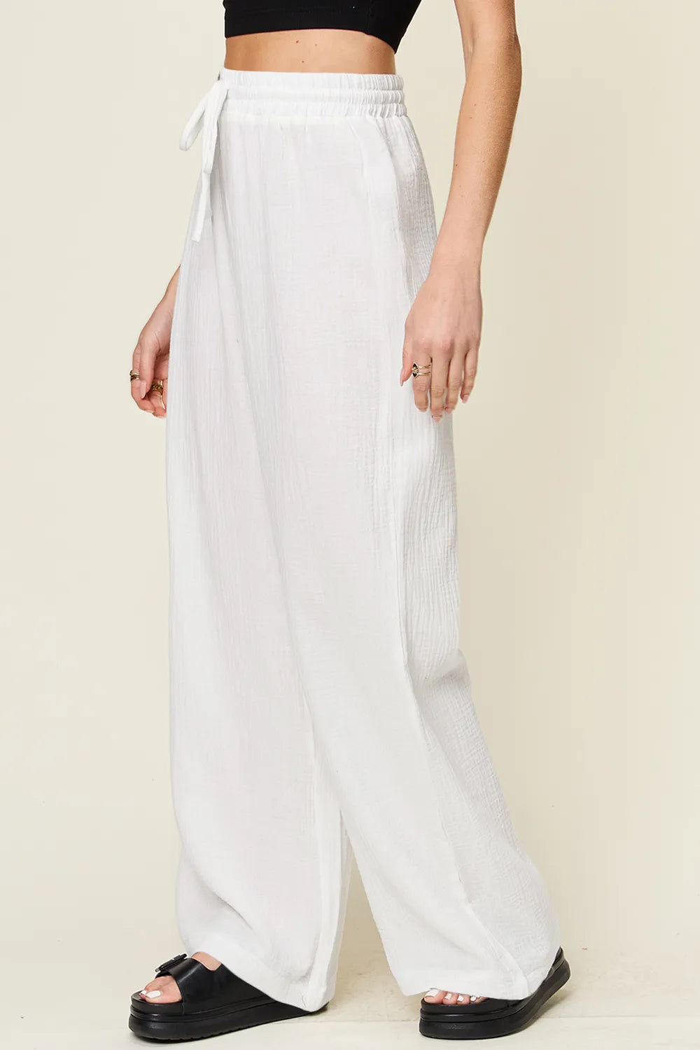 Double Take Full Size Texture Drawstring Wide Leg Pants - Velora Luxury Fashion