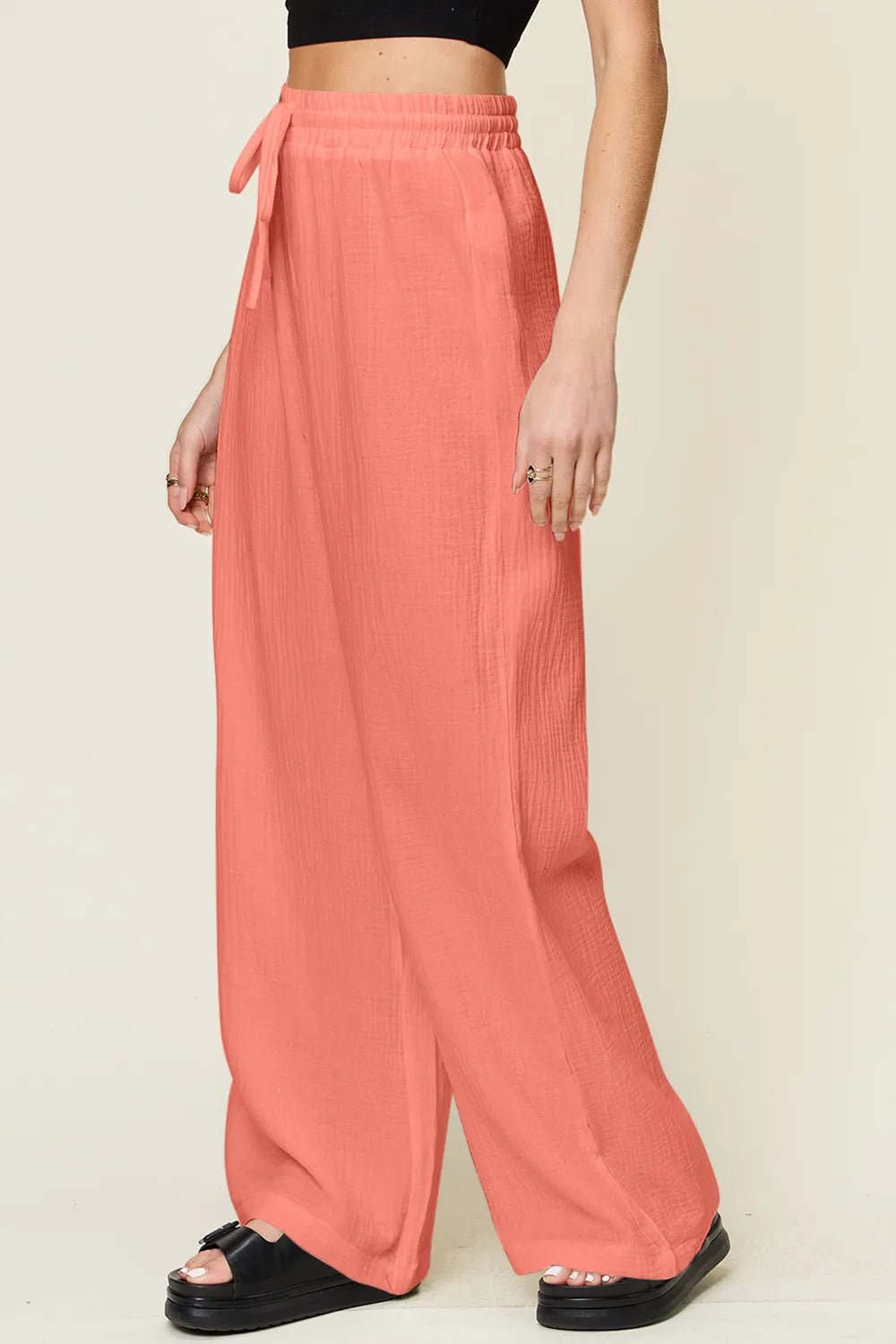 Double Take Full Size Texture Drawstring Wide Leg Pants - Velora Luxury Fashion