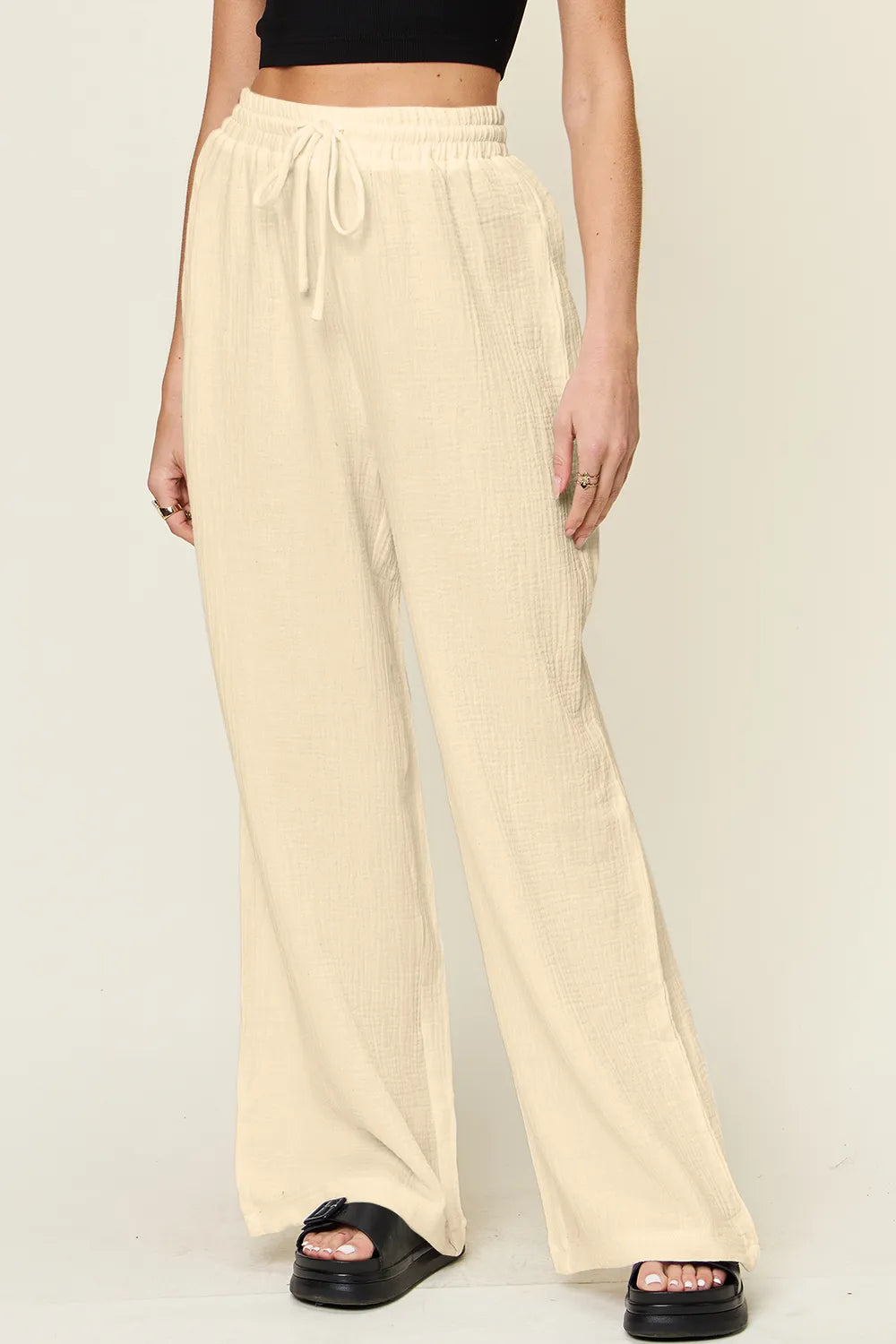 Double Take Full Size Texture Drawstring Wide Leg Pants - Velora Luxury Fashion