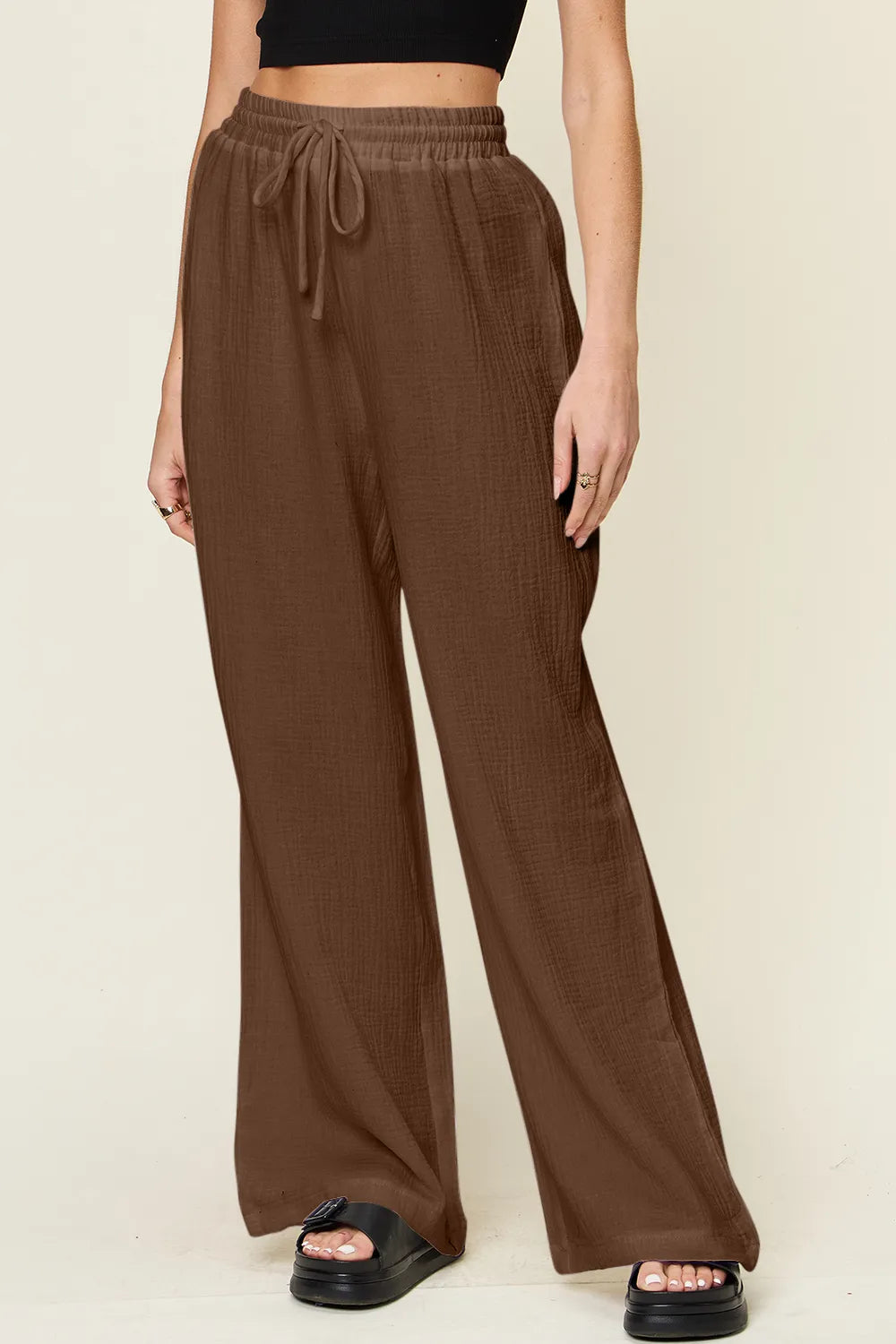 Double Take Full Size Texture Drawstring Wide Leg Pants - Velora Luxury Fashion