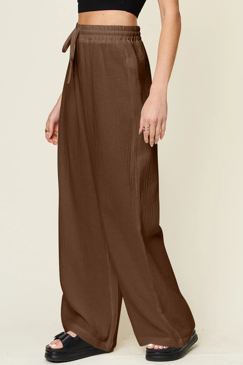 Double Take Full Size Texture Drawstring Wide Leg Pants - Velora Luxury Fashion