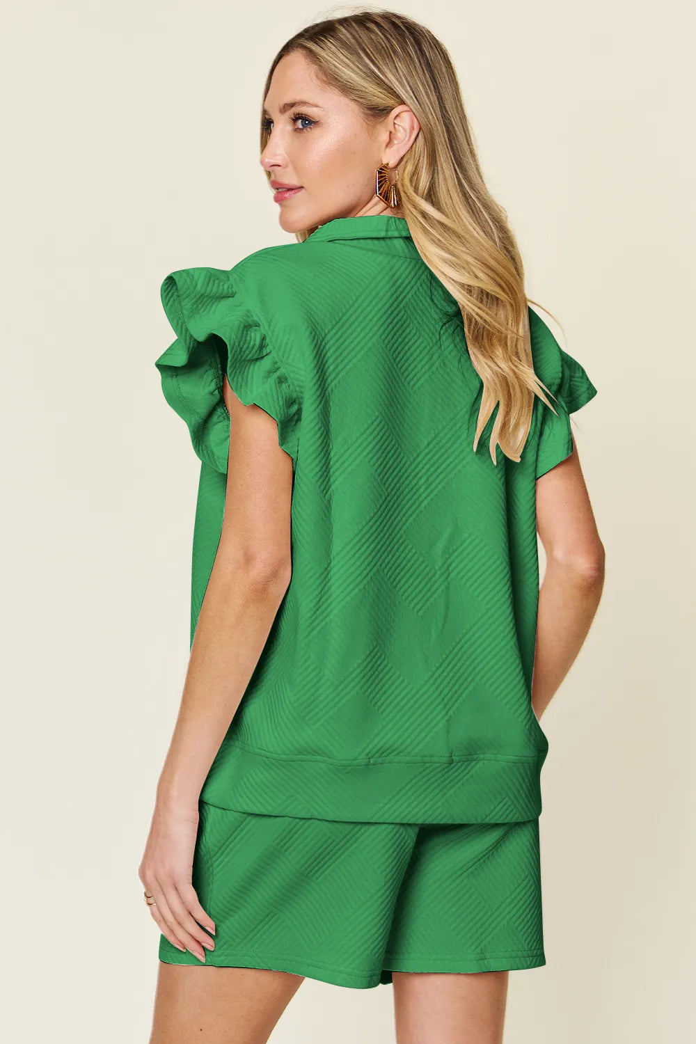 Double Take Full Size Texture Flounce Sleeve Top and Drawstring Shorts Set - Velora Luxury Fashion