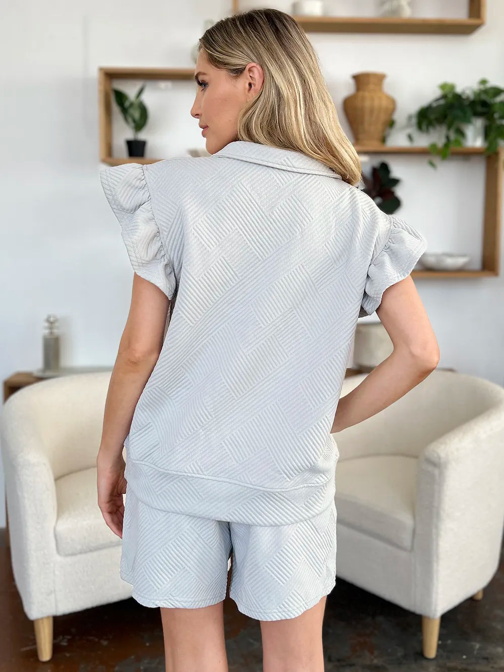 Double Take Full Size Texture Flounce Sleeve Top and Drawstring Shorts Set - Velora Luxury Fashion