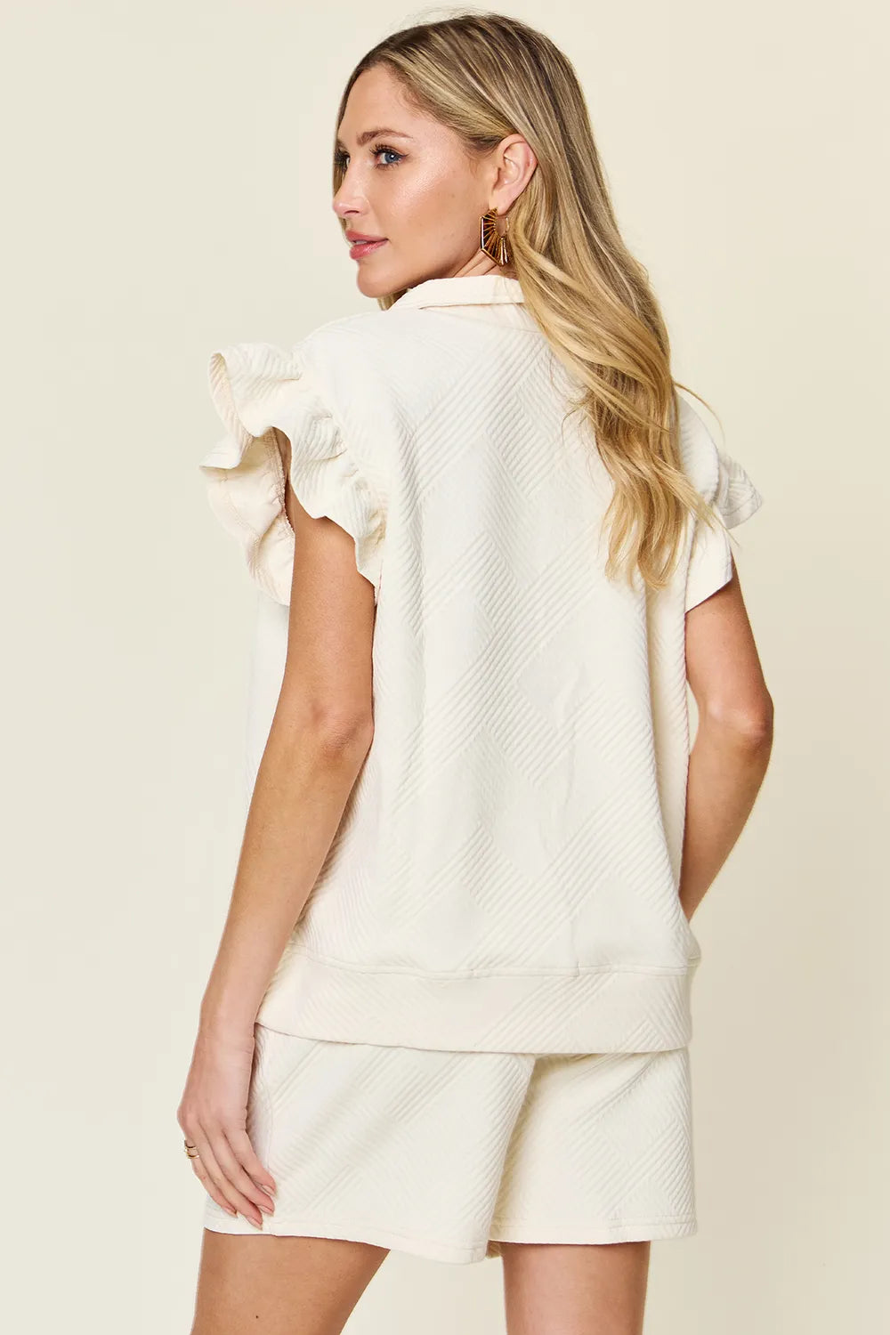 Double Take Full Size Texture Flounce Sleeve Top and Drawstring Shorts Set - Velora Luxury Fashion