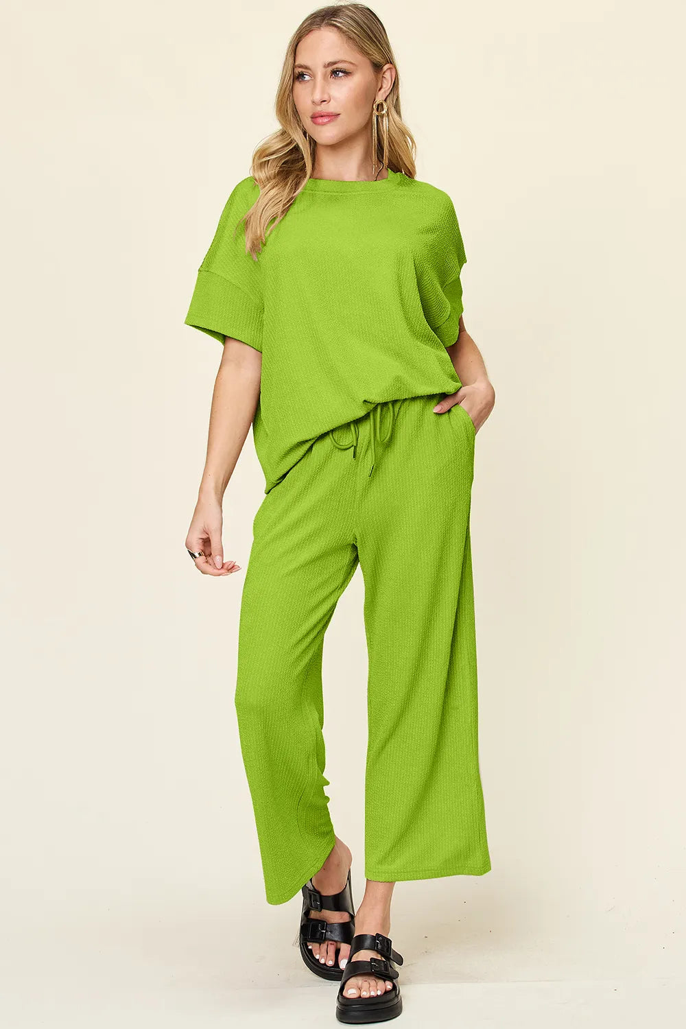 Double Take Full Size Texture Round Neck Short Sleeve T-Shirt and Wide Leg Pants - Velora Luxury Fashion