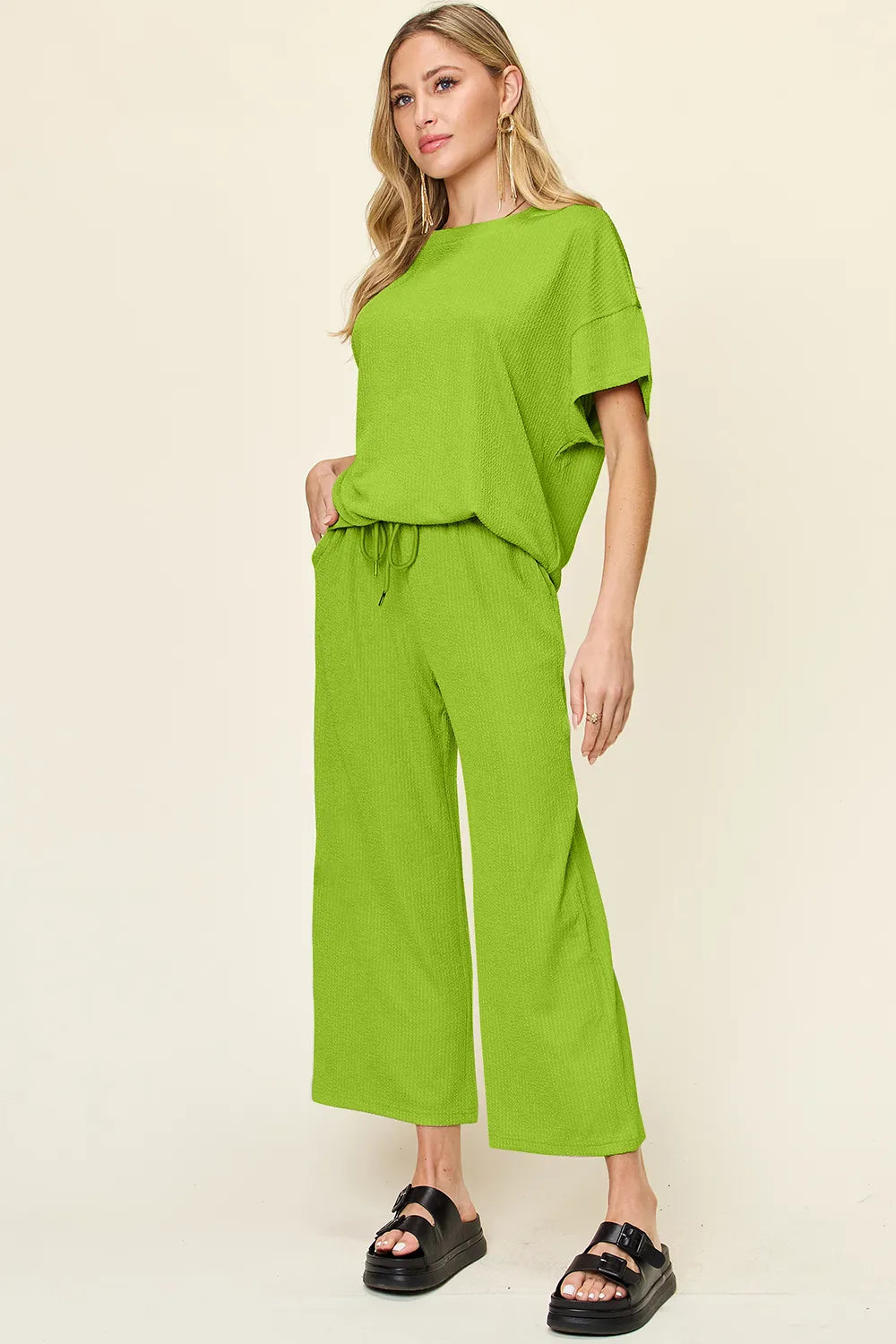 Double Take Full Size Texture Round Neck Short Sleeve T-Shirt and Wide Leg Pants - Velora Luxury Fashion