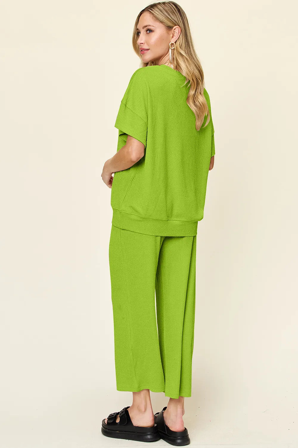 Double Take Full Size Texture Round Neck Short Sleeve T-Shirt and Wide Leg Pants - Velora Luxury Fashion