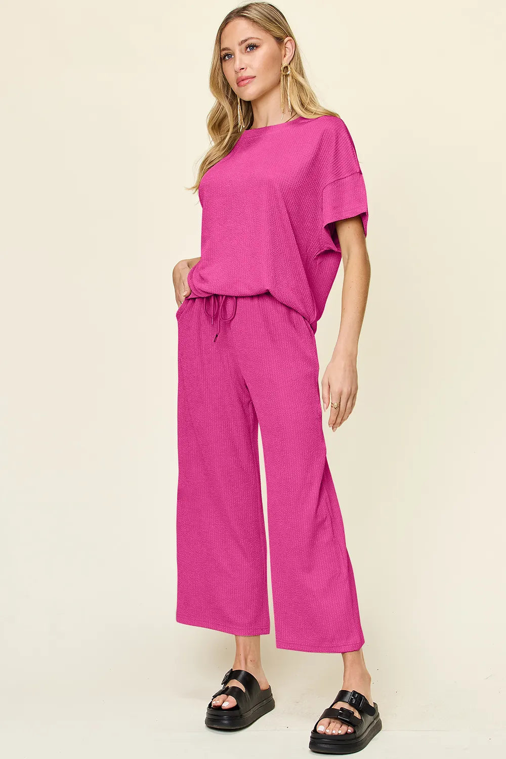 Double Take Full Size Texture Round Neck Short Sleeve T-Shirt and Wide Leg Pants - Velora Luxury Fashion