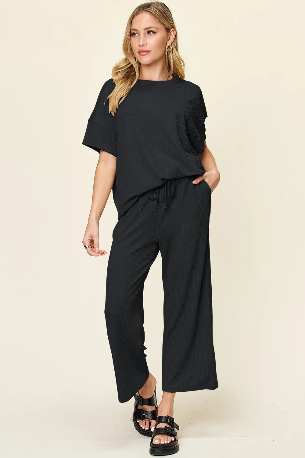 Double Take Full Size Texture Round Neck Short Sleeve T-Shirt and Wide Leg Pants - Velora Luxury Fashion