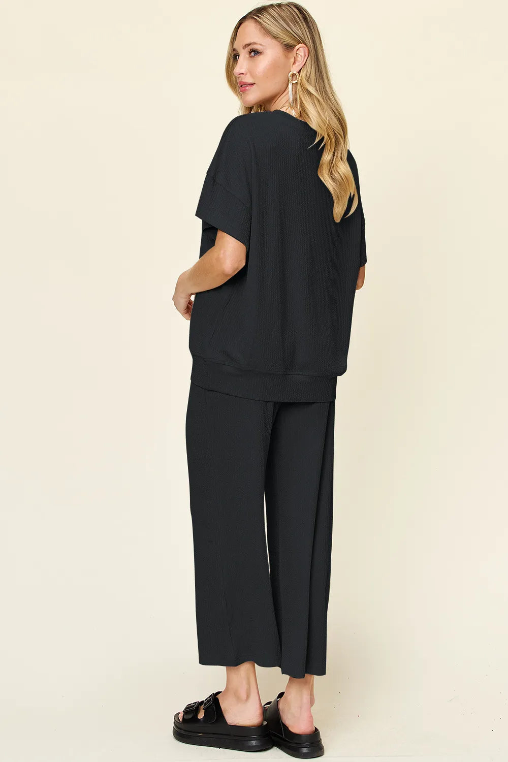 Double Take Full Size Texture Round Neck Short Sleeve T-Shirt and Wide Leg Pants - Velora Luxury Fashion