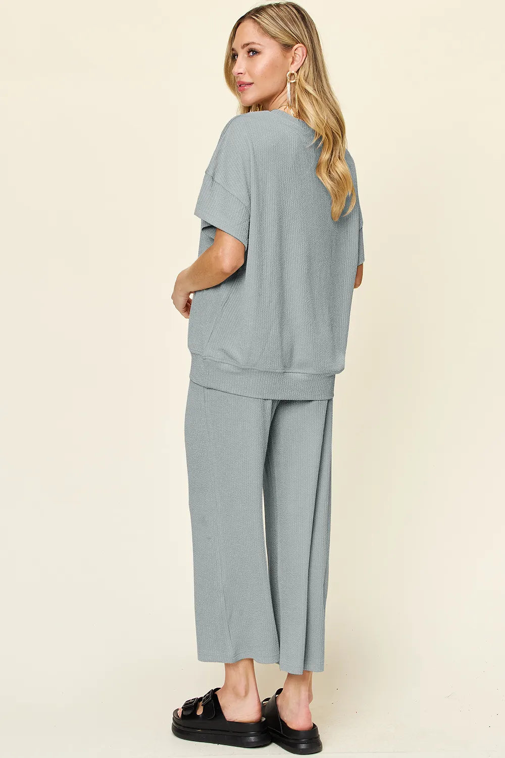 Double Take Full Size Texture Round Neck Short Sleeve T-Shirt and Wide Leg Pants - Velora Luxury Fashion