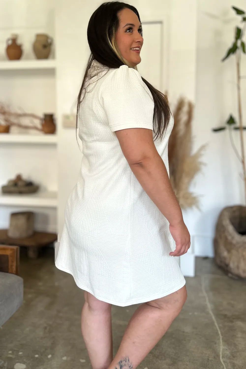 Double Take Full Size Texture Short Sleeve Dress - Velora Luxury Fashion