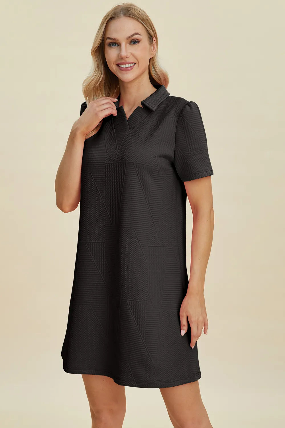 Double Take Full Size Texture Short Sleeve Dress - Velora Luxury Fashion