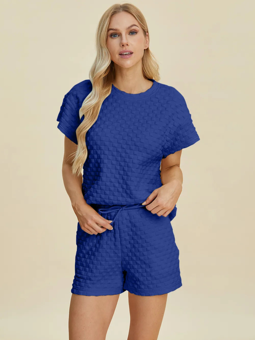 Double Take Full Size Texture T-Shirt and Shorts Set - Velora Luxury Fashion