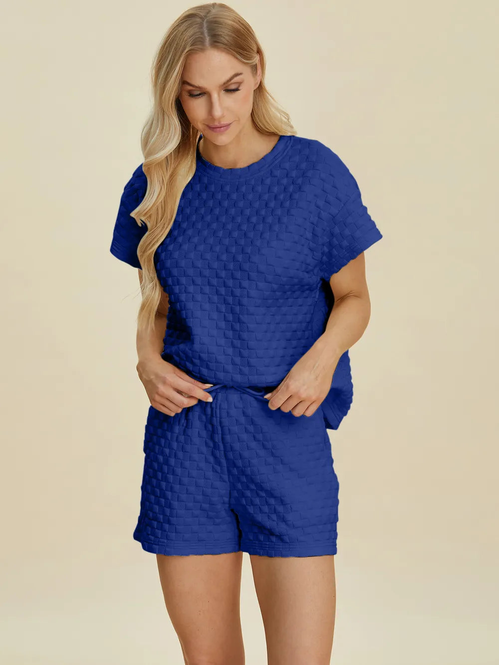 Double Take Full Size Texture T-Shirt and Shorts Set - Velora Luxury Fashion