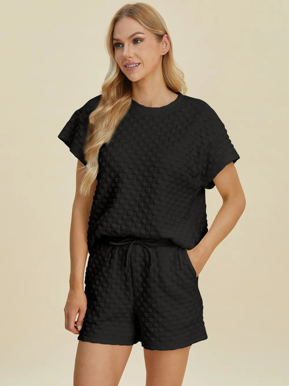 Double Take Full Size Texture T-Shirt and Shorts Set - Velora Luxury Fashion