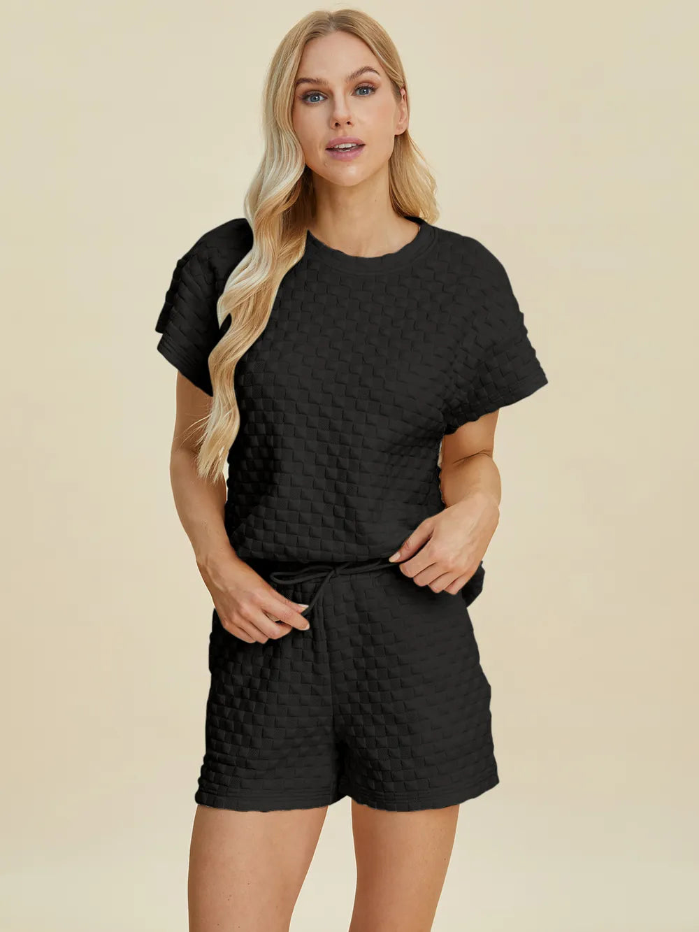 Double Take Full Size Texture T-Shirt and Shorts Set - Velora Luxury Fashion