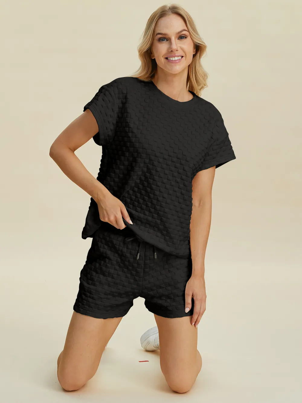 Double Take Full Size Texture T-Shirt and Shorts Set - Velora Luxury Fashion