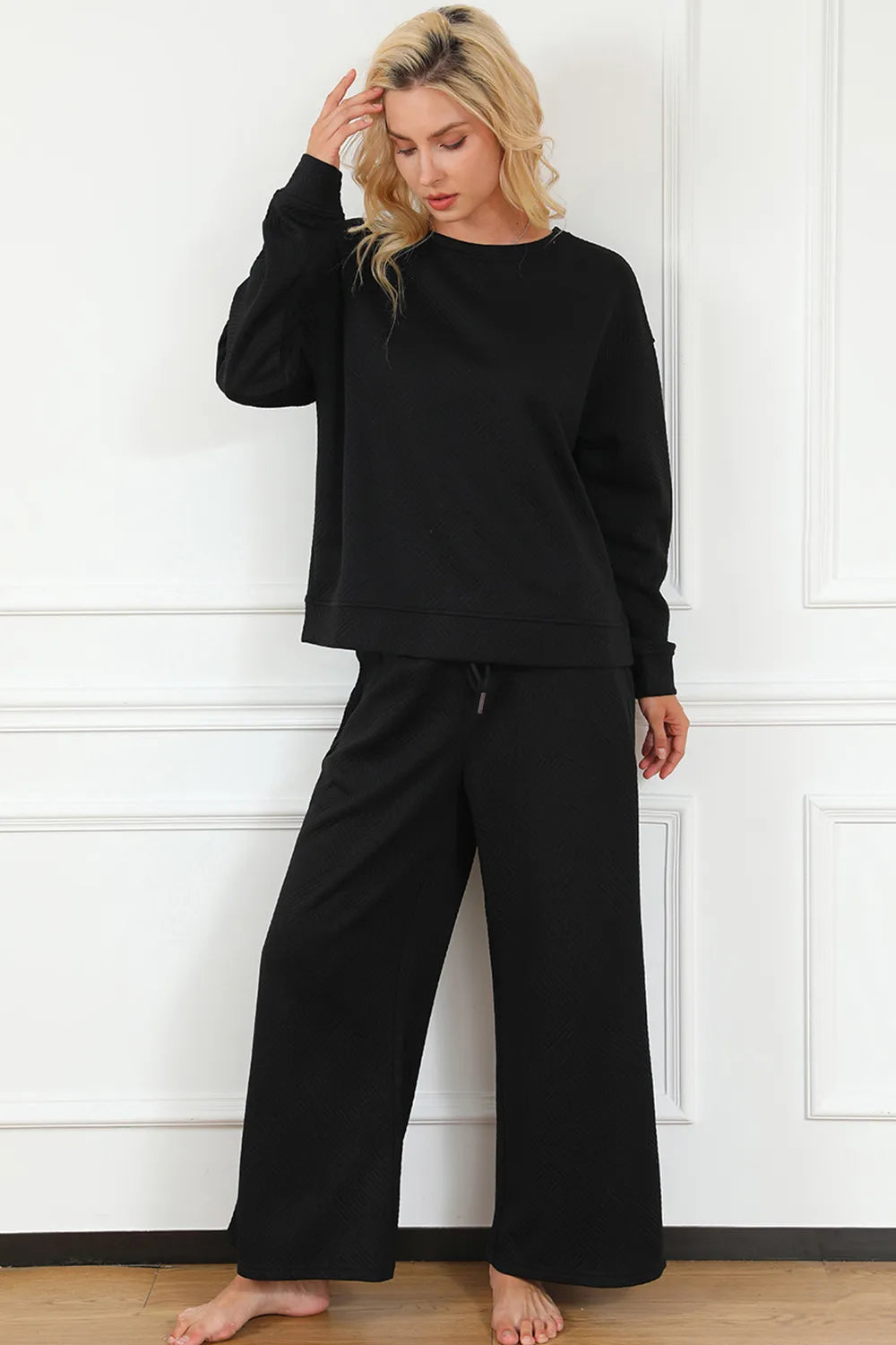 Double Take Full Size Textured Long Sleeve Top and Drawstring Pants Set - Velora Luxury Fashion