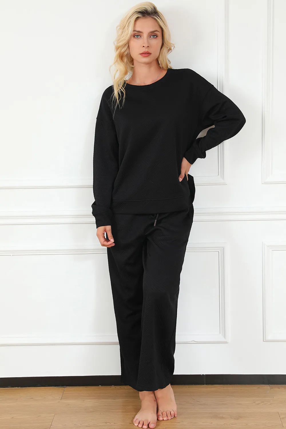 Double Take Full Size Textured Long Sleeve Top and Drawstring Pants Set - Velora Luxury Fashion