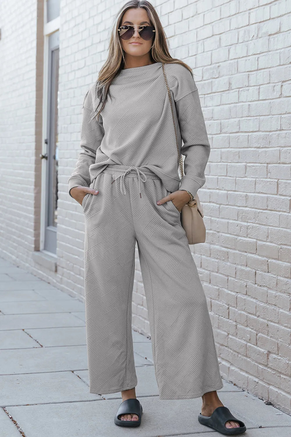 Double Take Full Size Textured Long Sleeve Top and Drawstring Pants Set - Velora Luxury Fashion