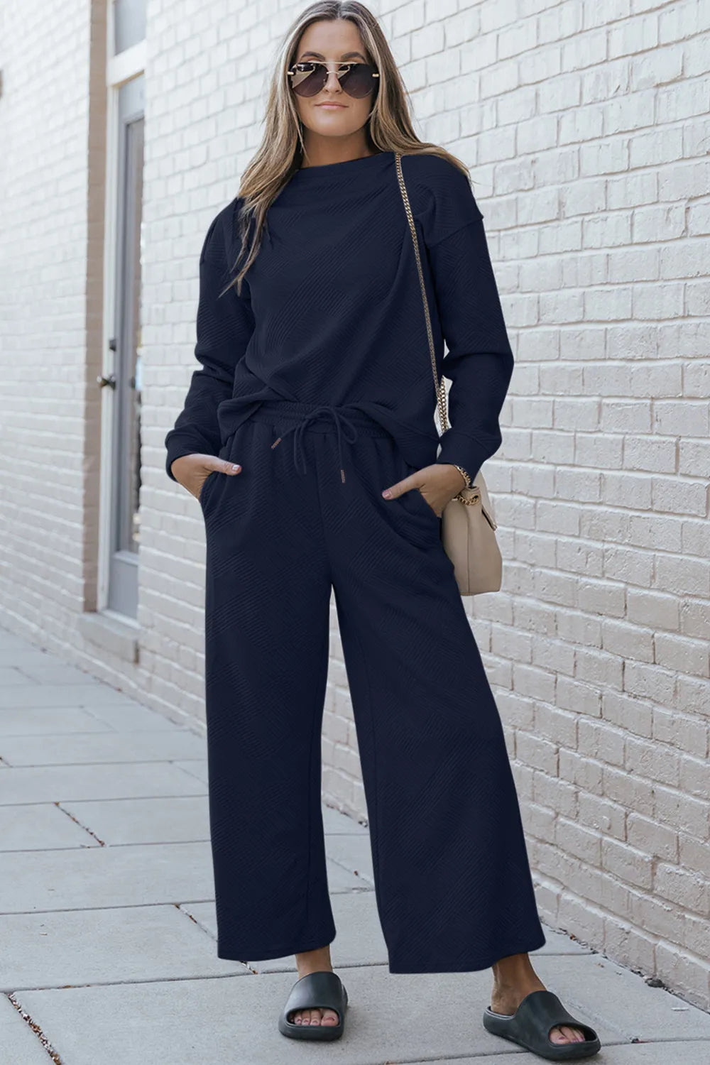 Double Take Full Size Textured Long Sleeve Top and Drawstring Pants Set - Velora Luxury Fashion