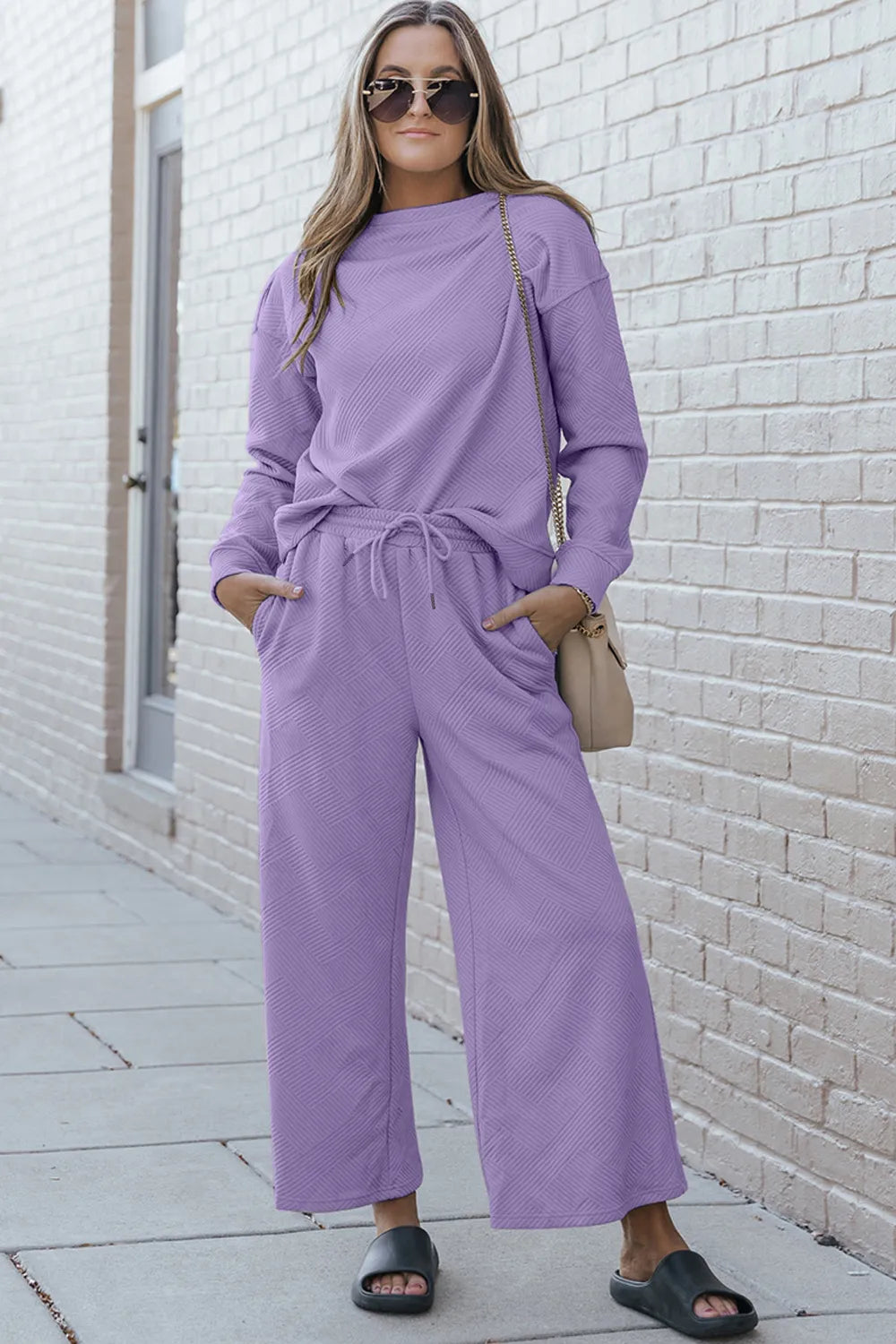 Double Take Full Size Textured Long Sleeve Top and Drawstring Pants Set - Velora Luxury Fashion
