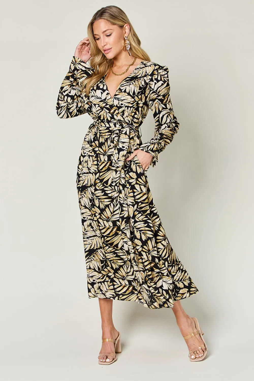 Double Take Full Size Tie Back Flounce Sleeve Dress - Velora Luxury Fashion