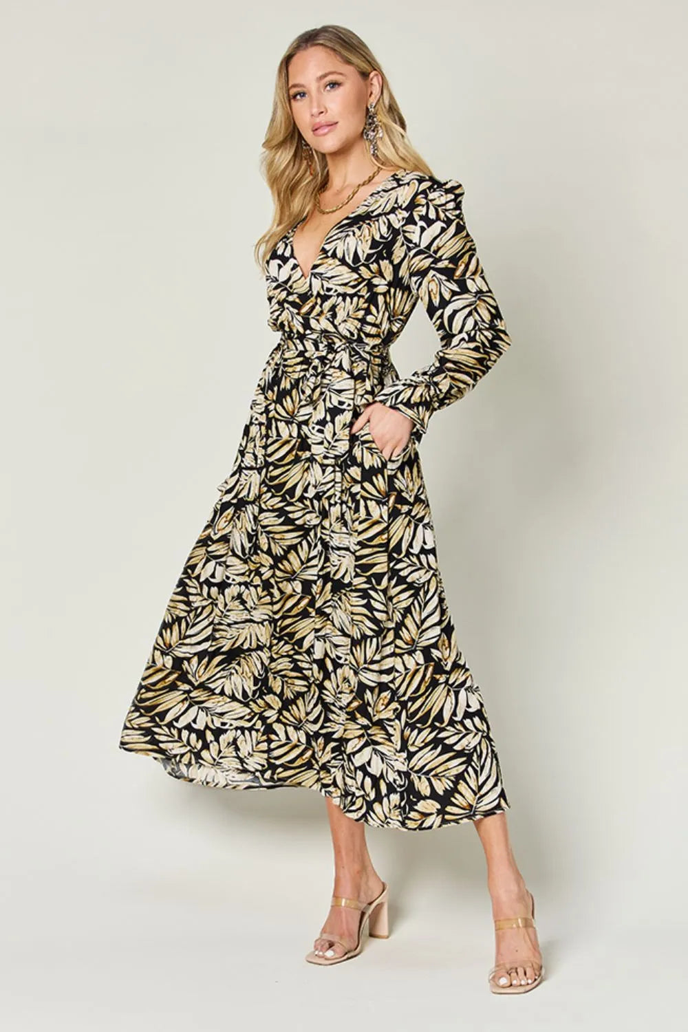 Double Take Full Size Tie Back Flounce Sleeve Dress - Velora Luxury Fashion