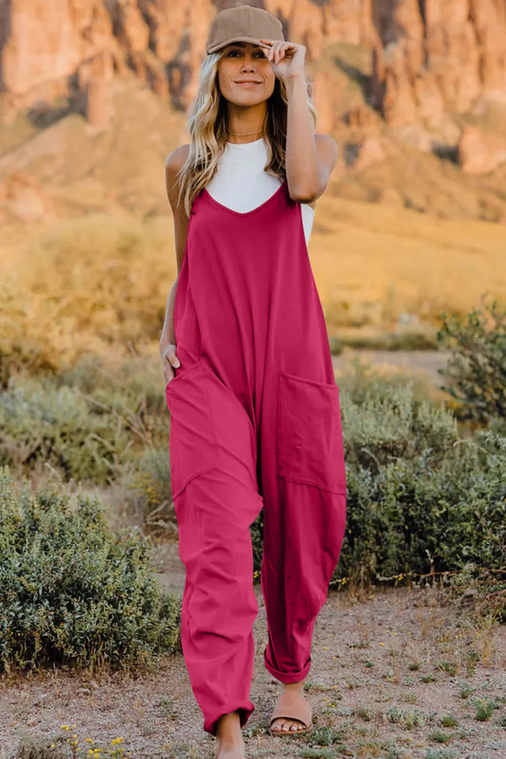 Double Take Full Size V-Neck Sleeveless Jumpsuit with Pockets - Velora Luxury Fashion